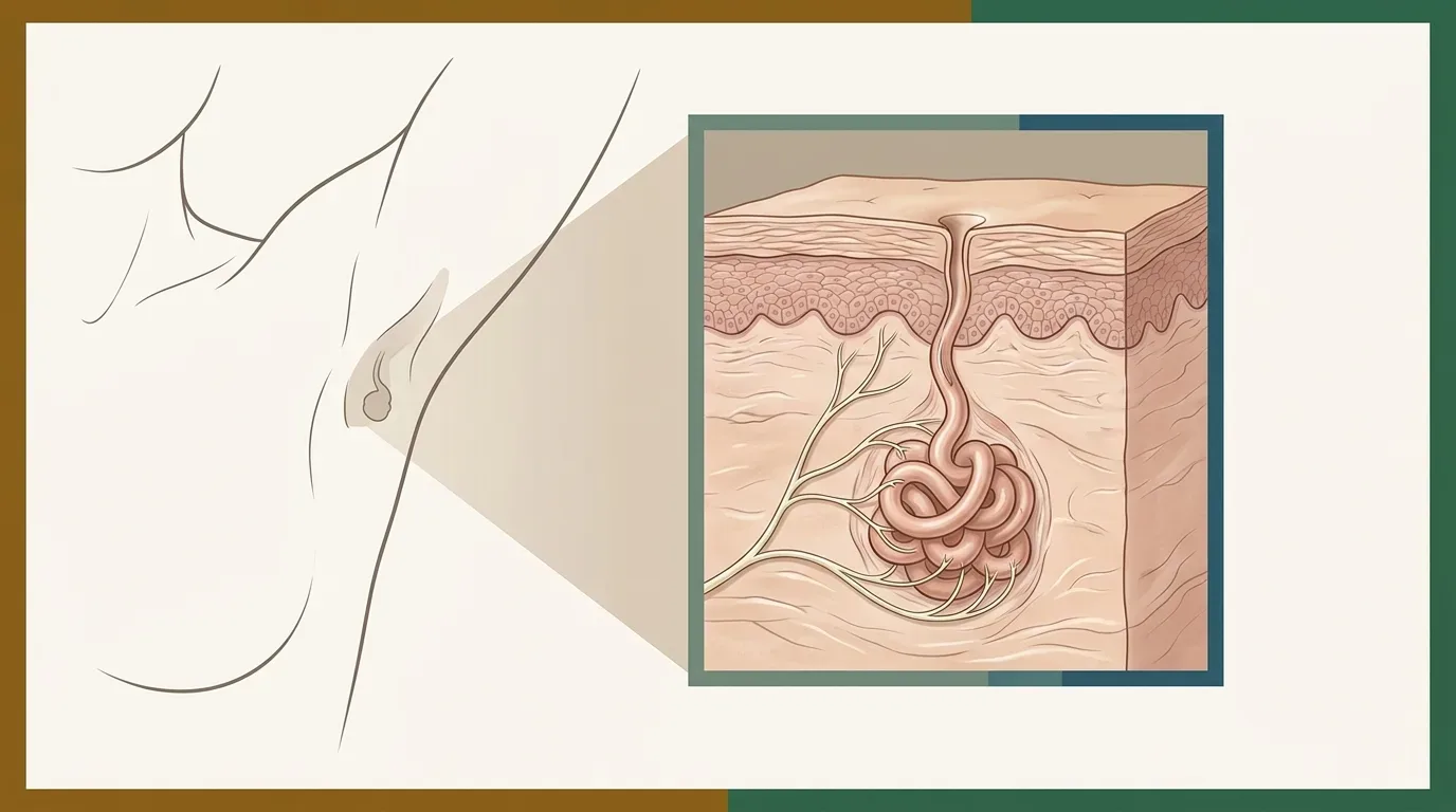 Schematic cross-section of the skin showing a sweat gland and its nerve supply