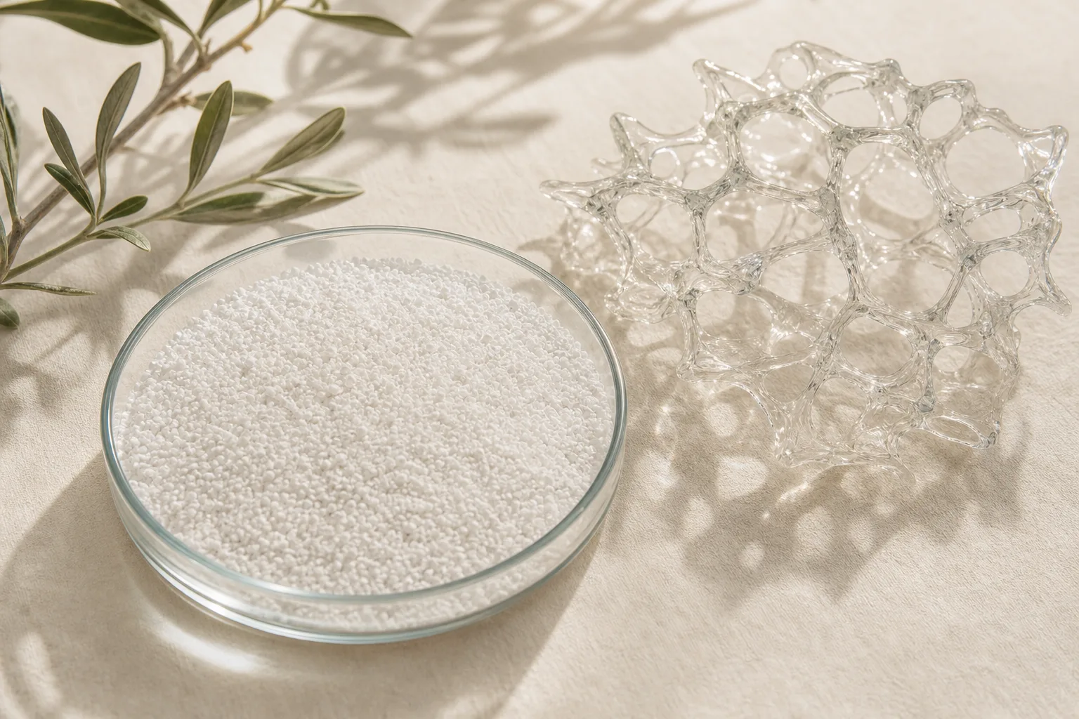 Unbeschriftete Glasschale mit feinen weißen Partikeln neben einer transparenten netzartigen Materialstruktur