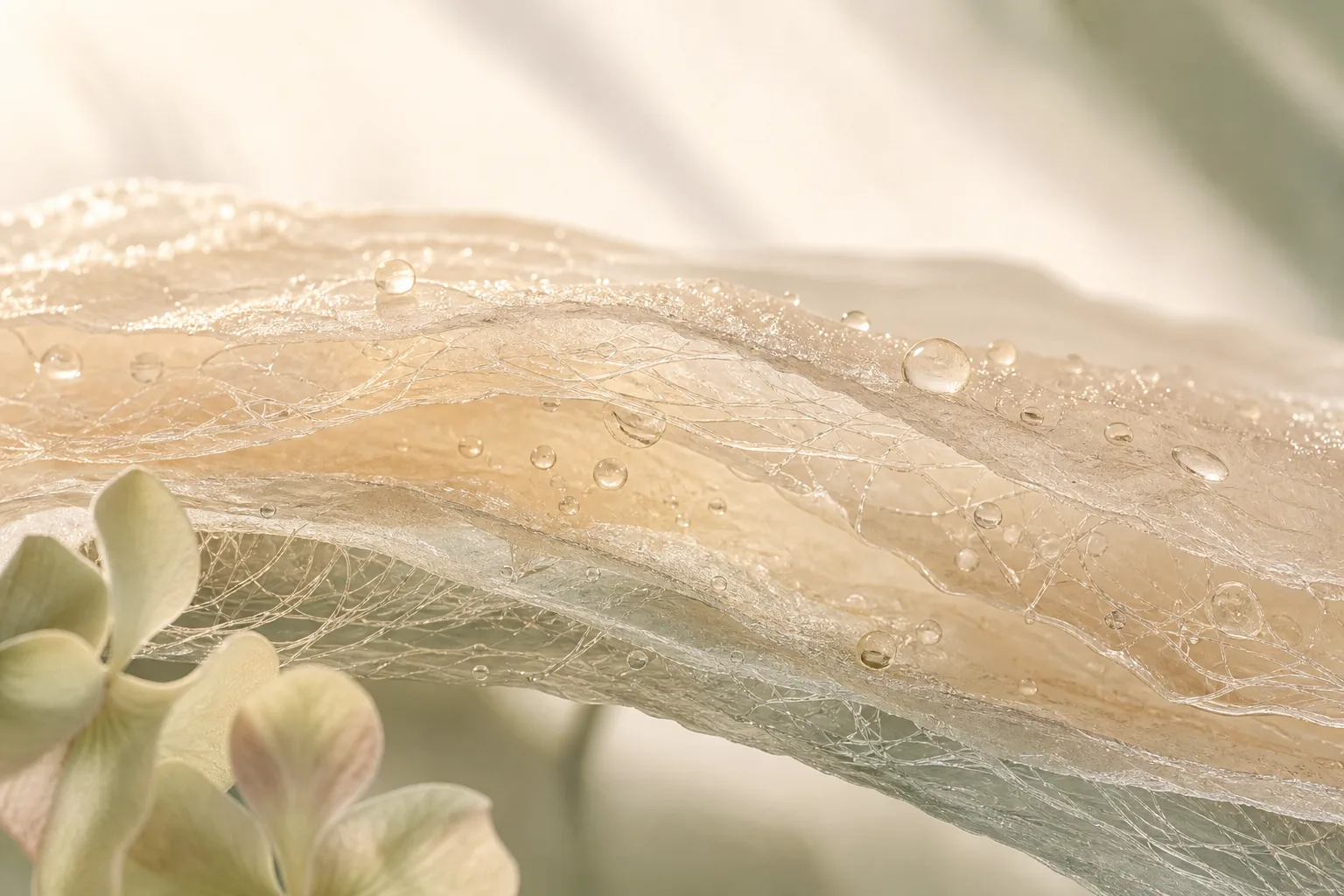 Transparente Schichten mit feinen Faserstrukturen und gebundenen Wassertröpfchen