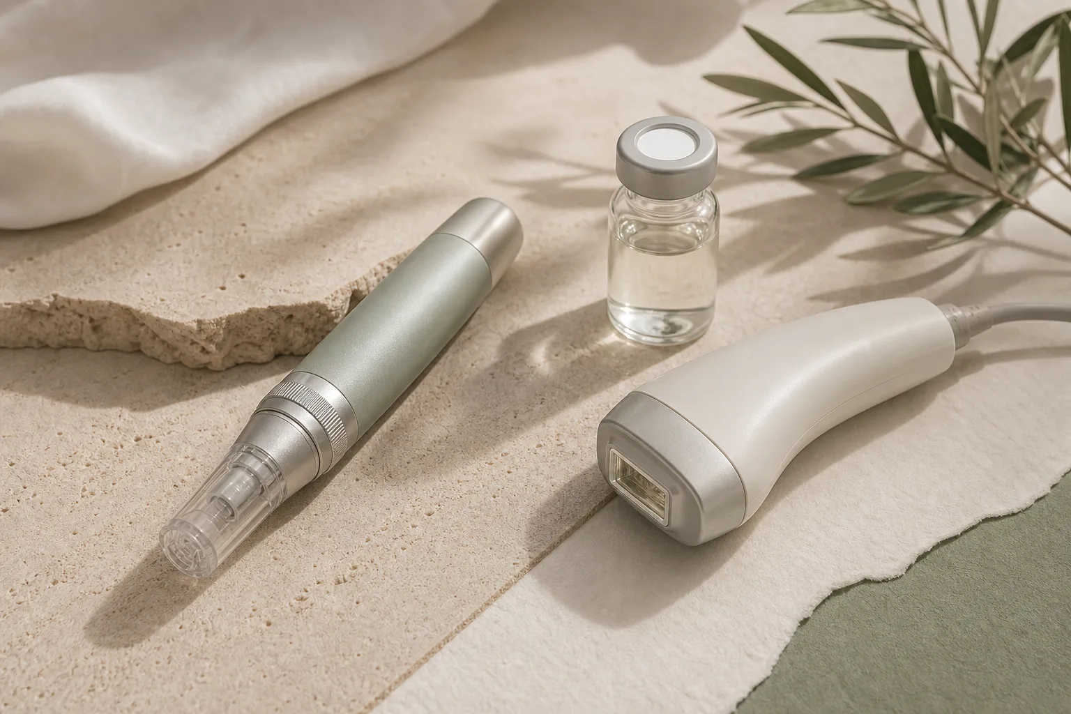 Microneedling- und Laserhandstück neben einem unbeschrifteten Glasgefäß