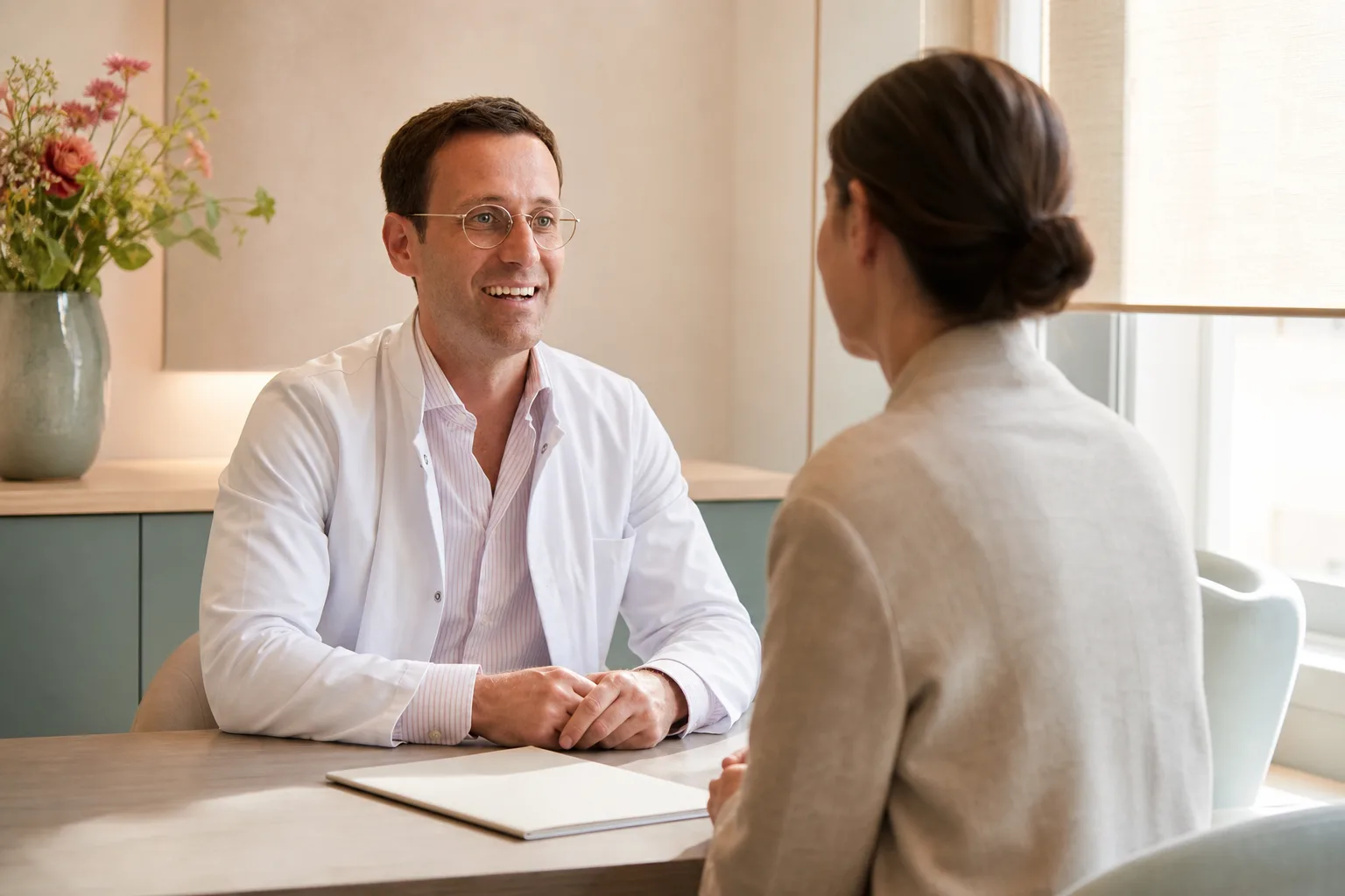 Caletti im ruhigen Beratungsgespräch mit einer Patientin in einem hellen Sprechzimmer
