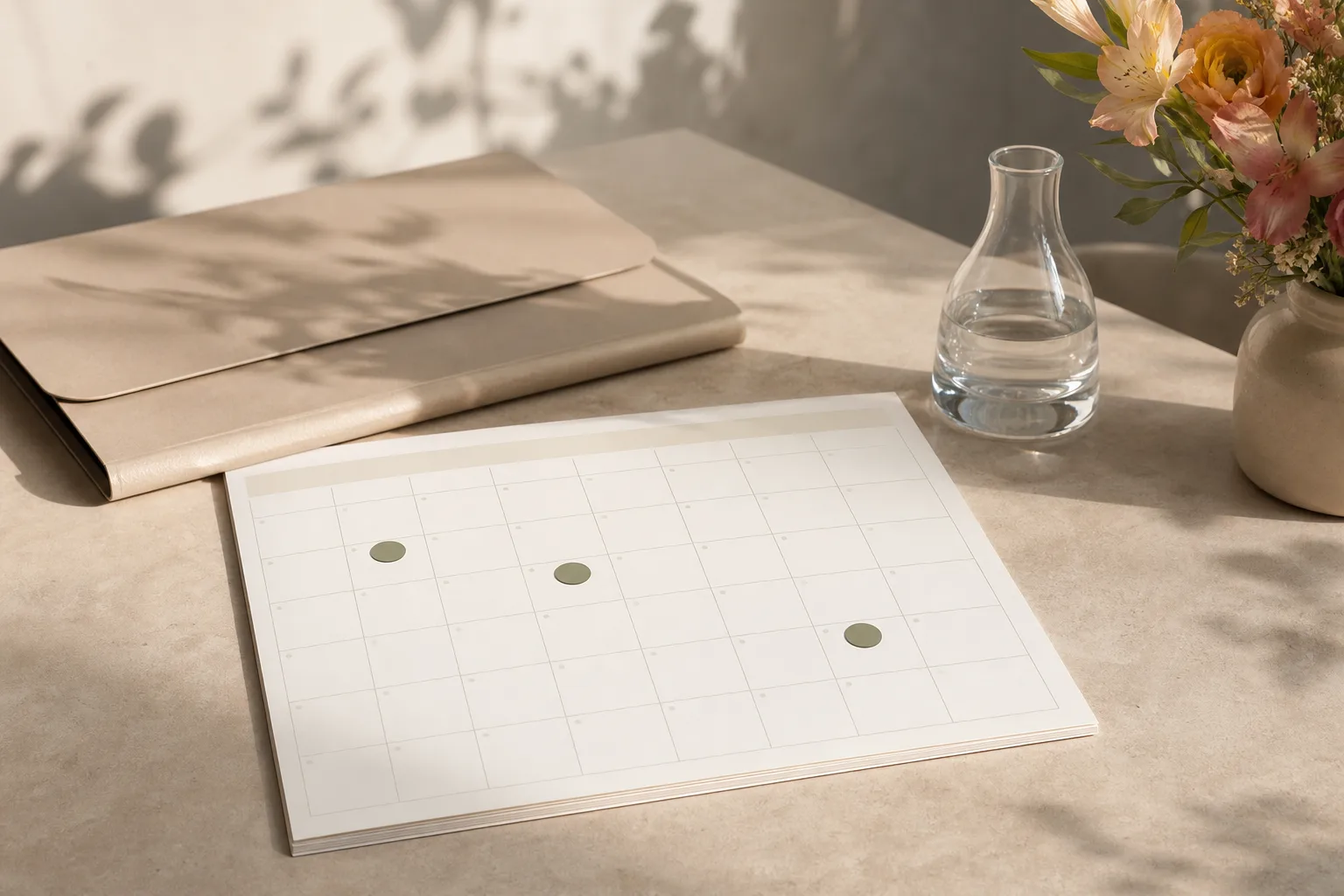 Neutraler Kalender mit drei verteilten Terminmarkierungen und geschlossener Mappe