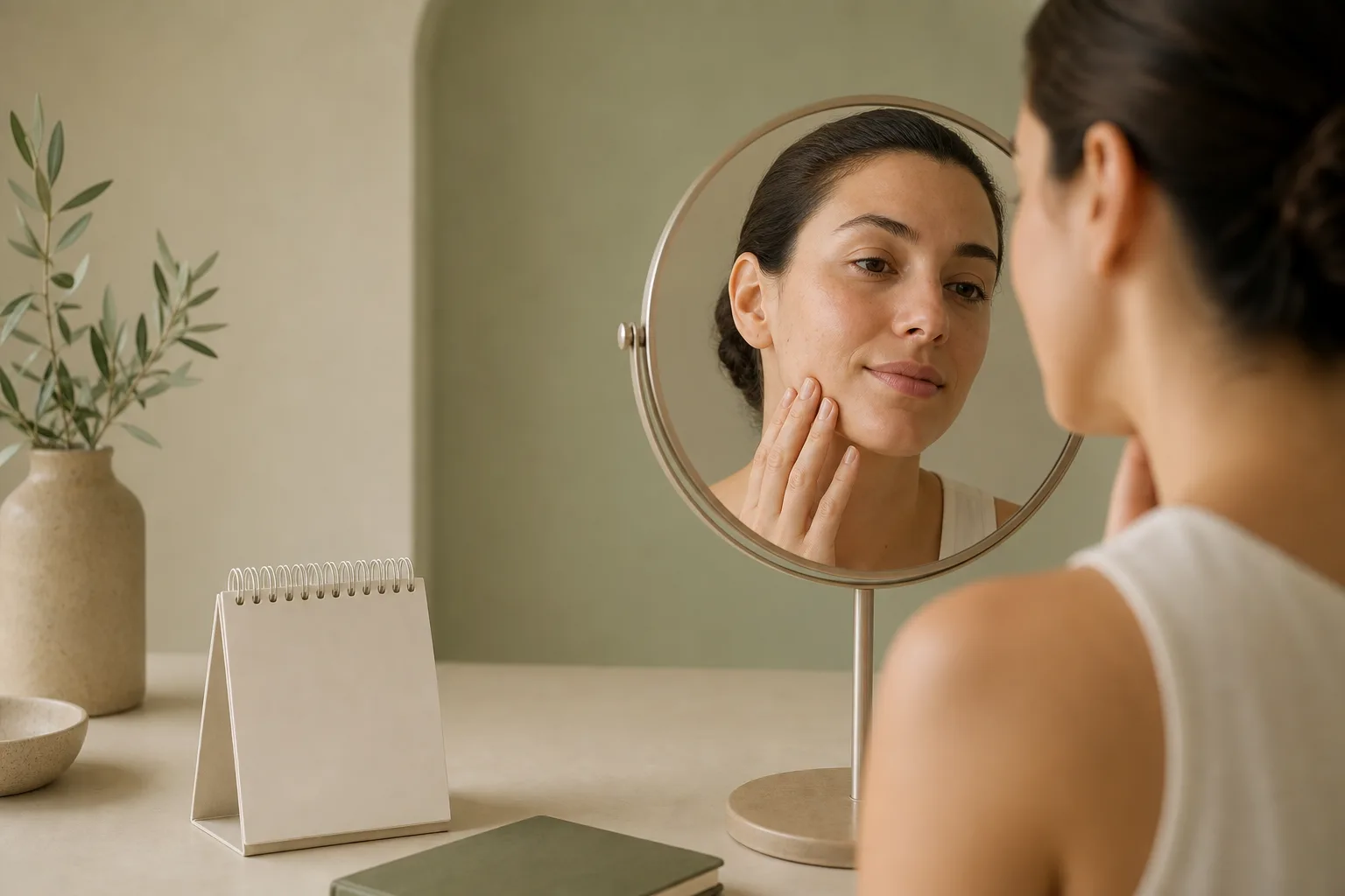 Frau betrachtet ihr Gesicht im Spiegel neben einem dezenten Kalender